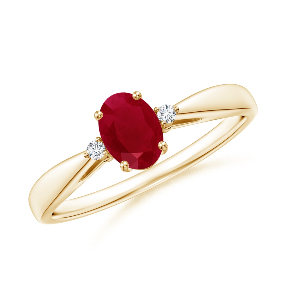 6x4mm AA Tapered Shank Ruby Solitaire Ring with Diamond Accents in Yellow Gold 