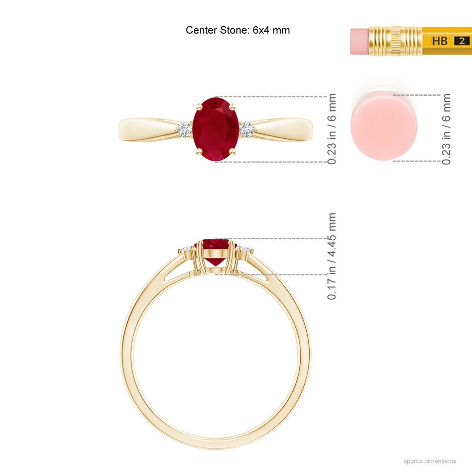 6x4mm AA Tapered Shank Ruby Solitaire Ring with Diamond Accents in Yellow Gold ruler