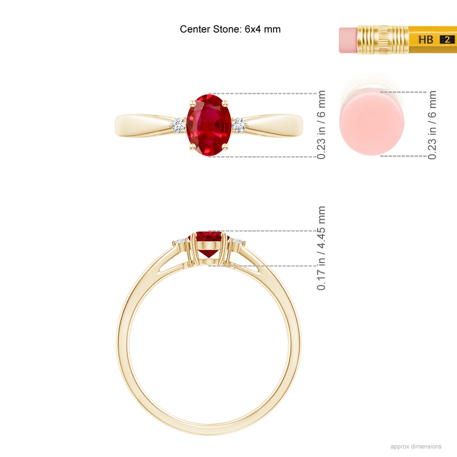 6x4mm AAA Tapered Shank Ruby Solitaire Ring with Diamond Accents in 18K Yellow Gold ruler