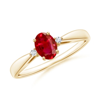 6x4mm AAA Tapered Shank Ruby Solitaire Ring with Diamond Accents in 9K Yellow Gold