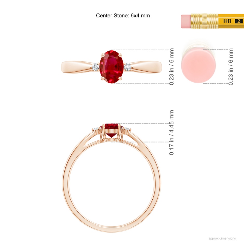 6x4mm AAA Tapered Shank Ruby Solitaire Ring with Diamond Accents in Rose Gold ruler