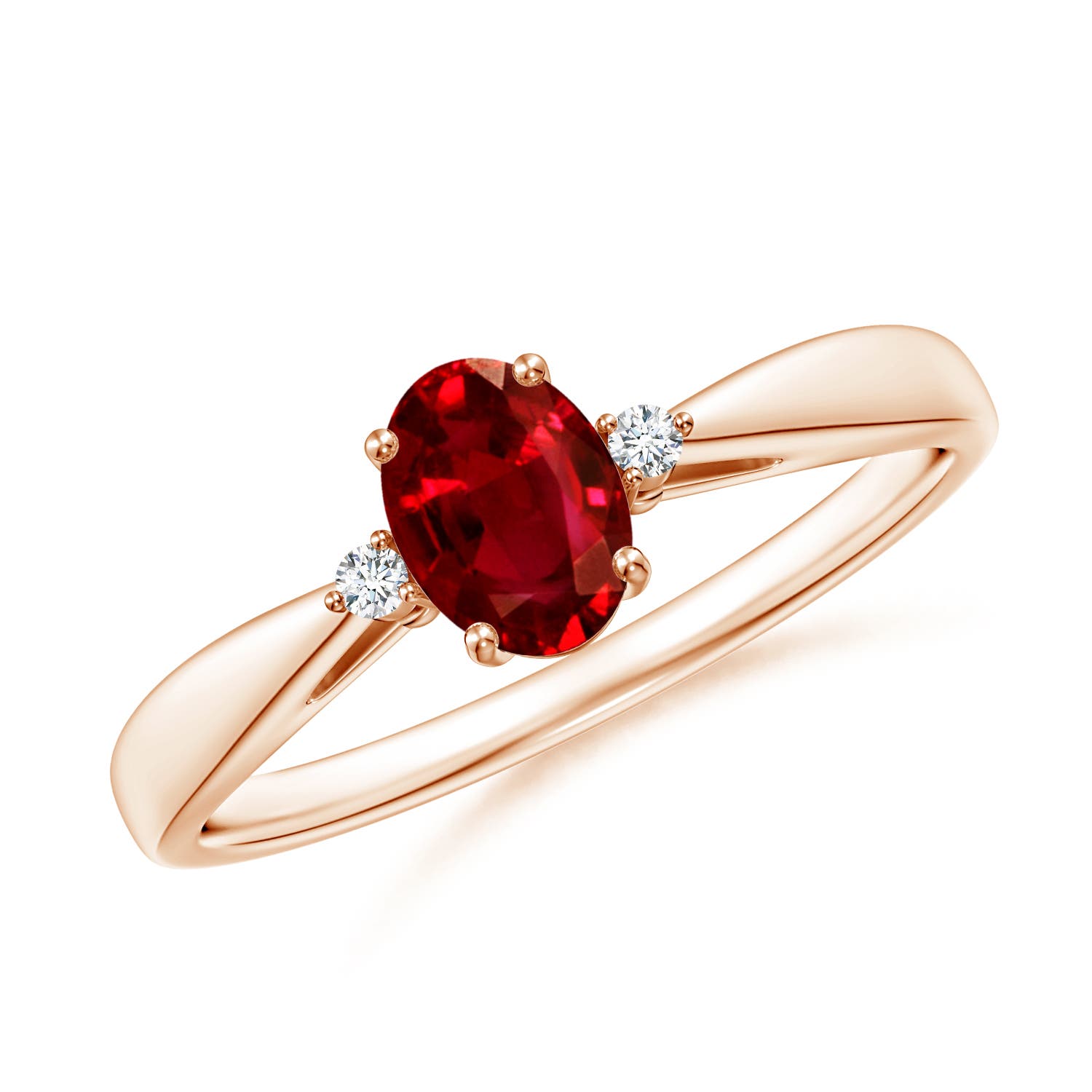 6x4mm AAAA Tapered Shank Ruby Solitaire Ring with Diamond Accents in 18K Rose Gold