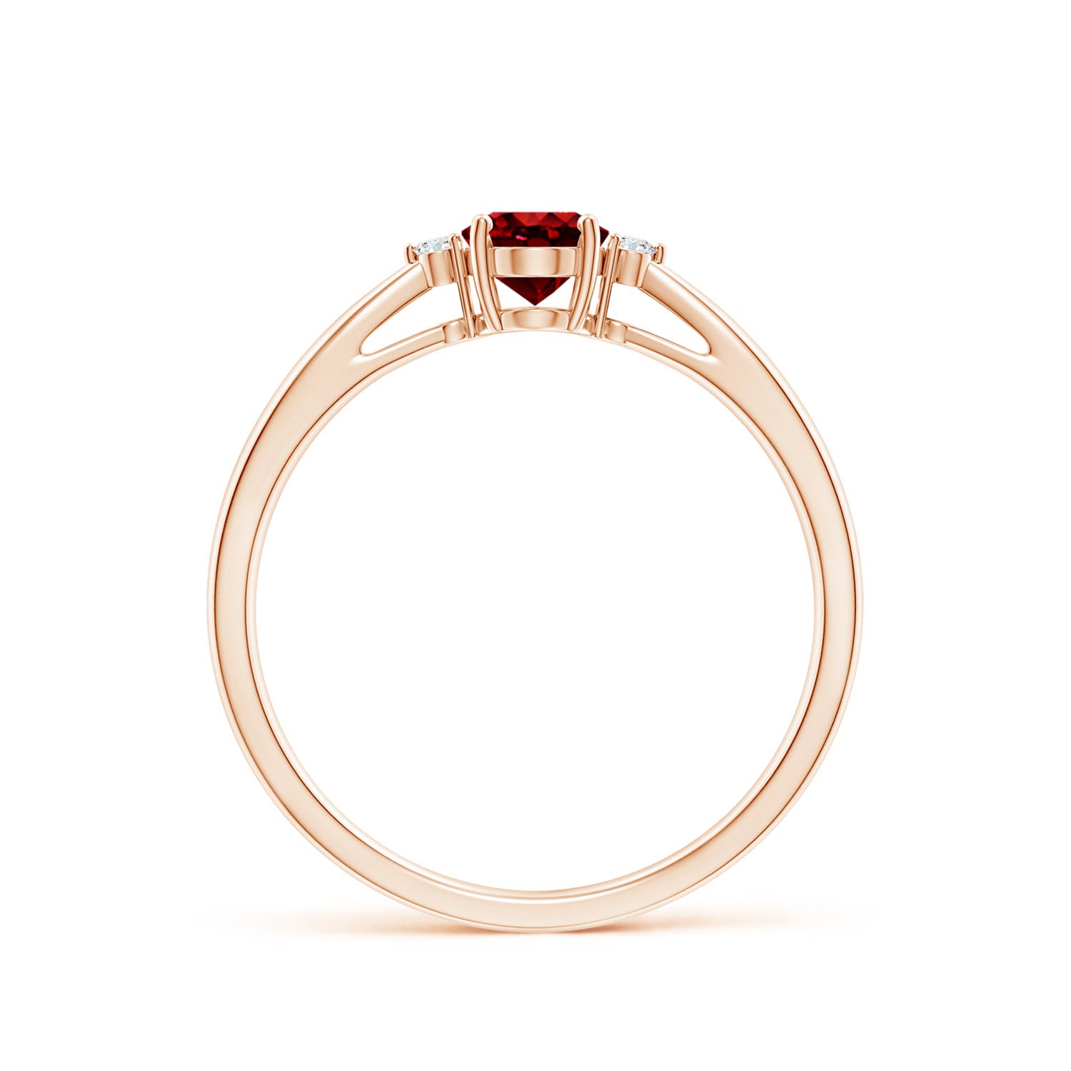 6x4mm AAAA Tapered Shank Ruby Solitaire Ring with Diamond Accents in Rose Gold