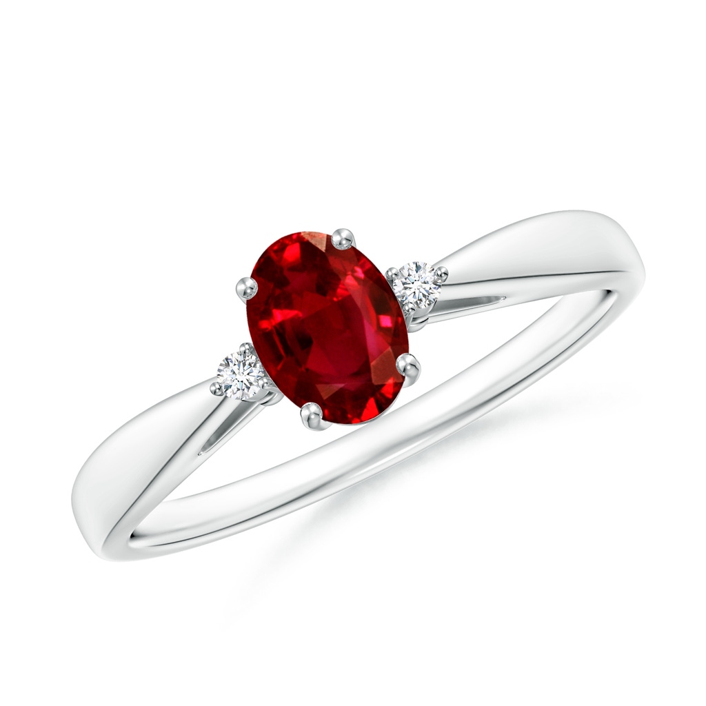 6x4mm AAAA Tapered Shank Ruby Solitaire Ring with Diamond Accents in White Gold