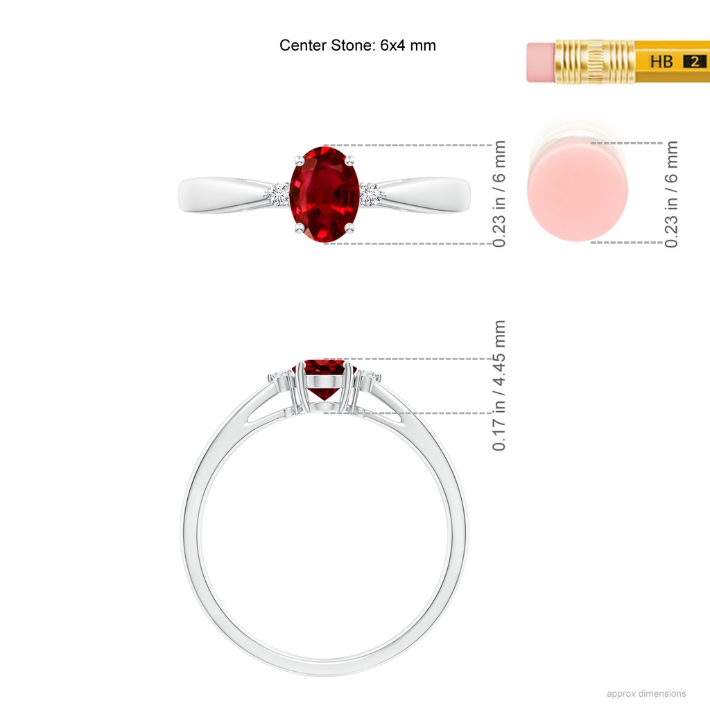 6x4mm AAAA Tapered Shank Ruby Solitaire Ring with Diamond Accents in White Gold ruler