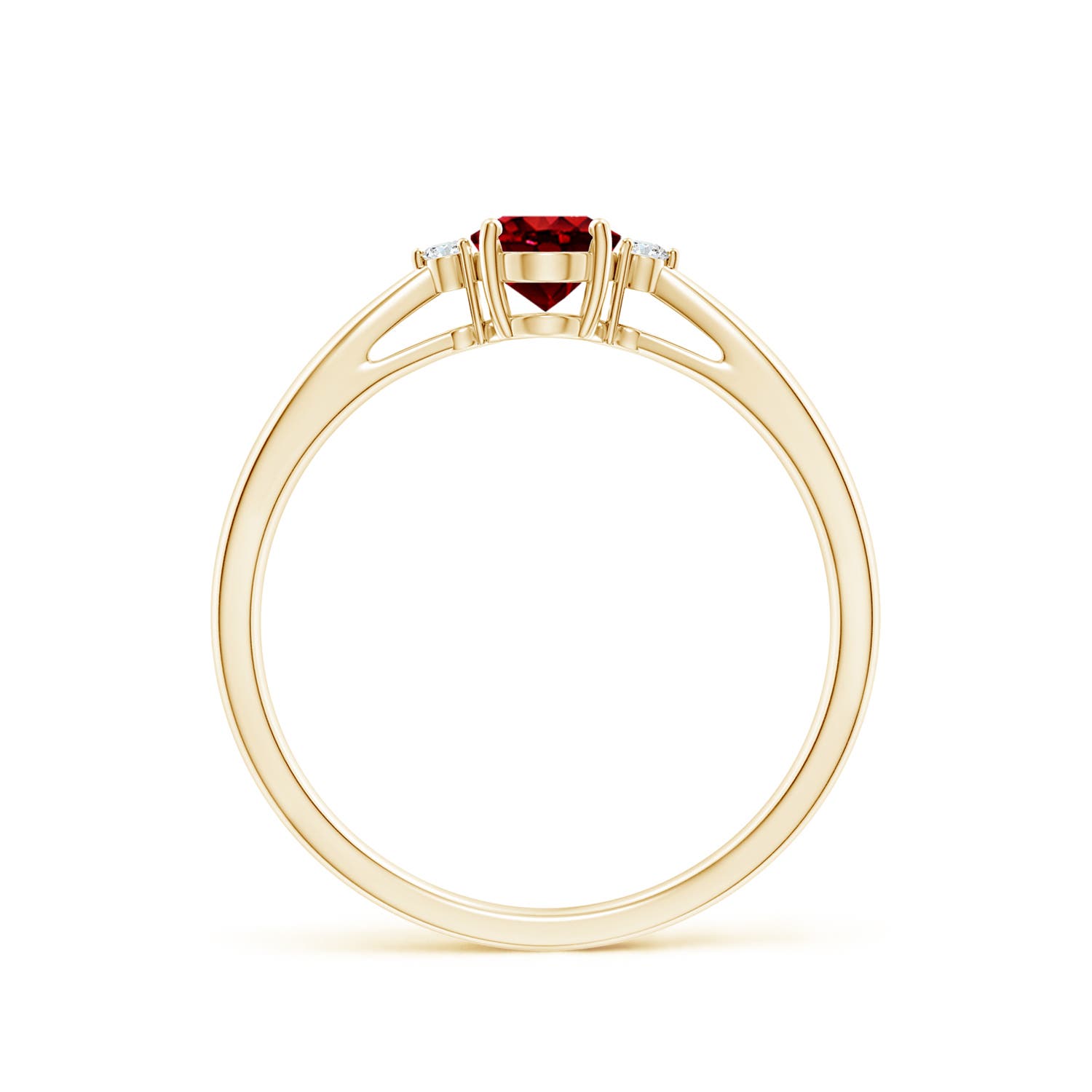 6x4mm AAAA Tapered Shank Ruby Solitaire Ring with Diamond Accents in Yellow Gold