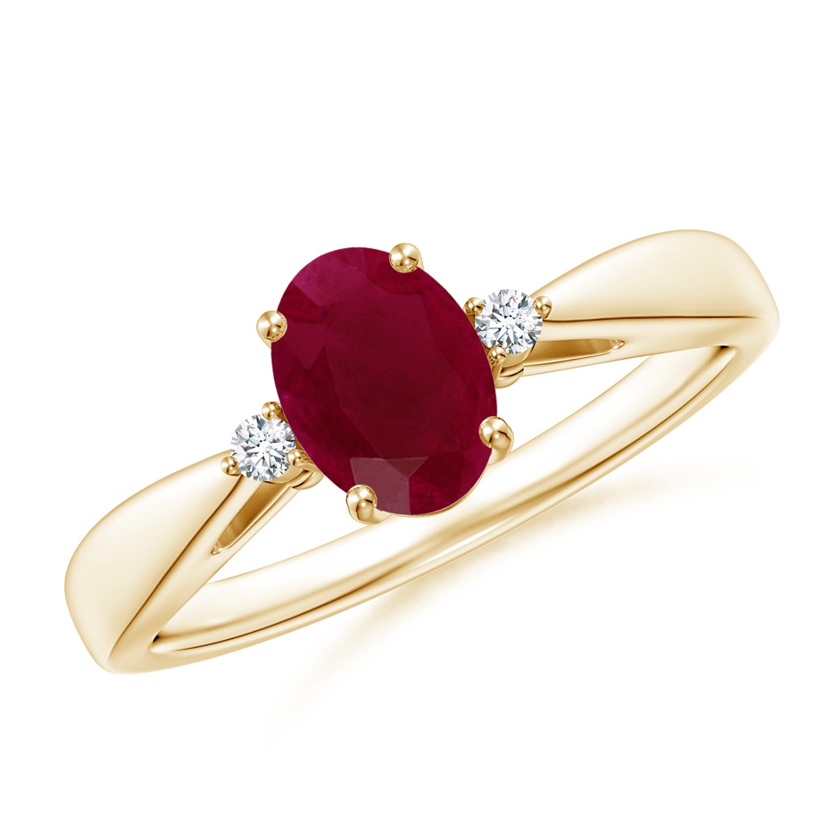 7x5mm A Tapered Shank Ruby Solitaire Ring with Diamond Accents in Yellow Gold 