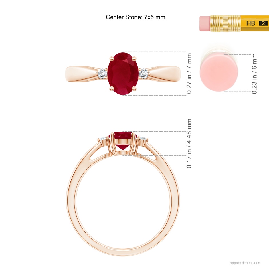 7x5mm AA Tapered Shank Ruby Solitaire Ring with Diamond Accents in Rose Gold ruler