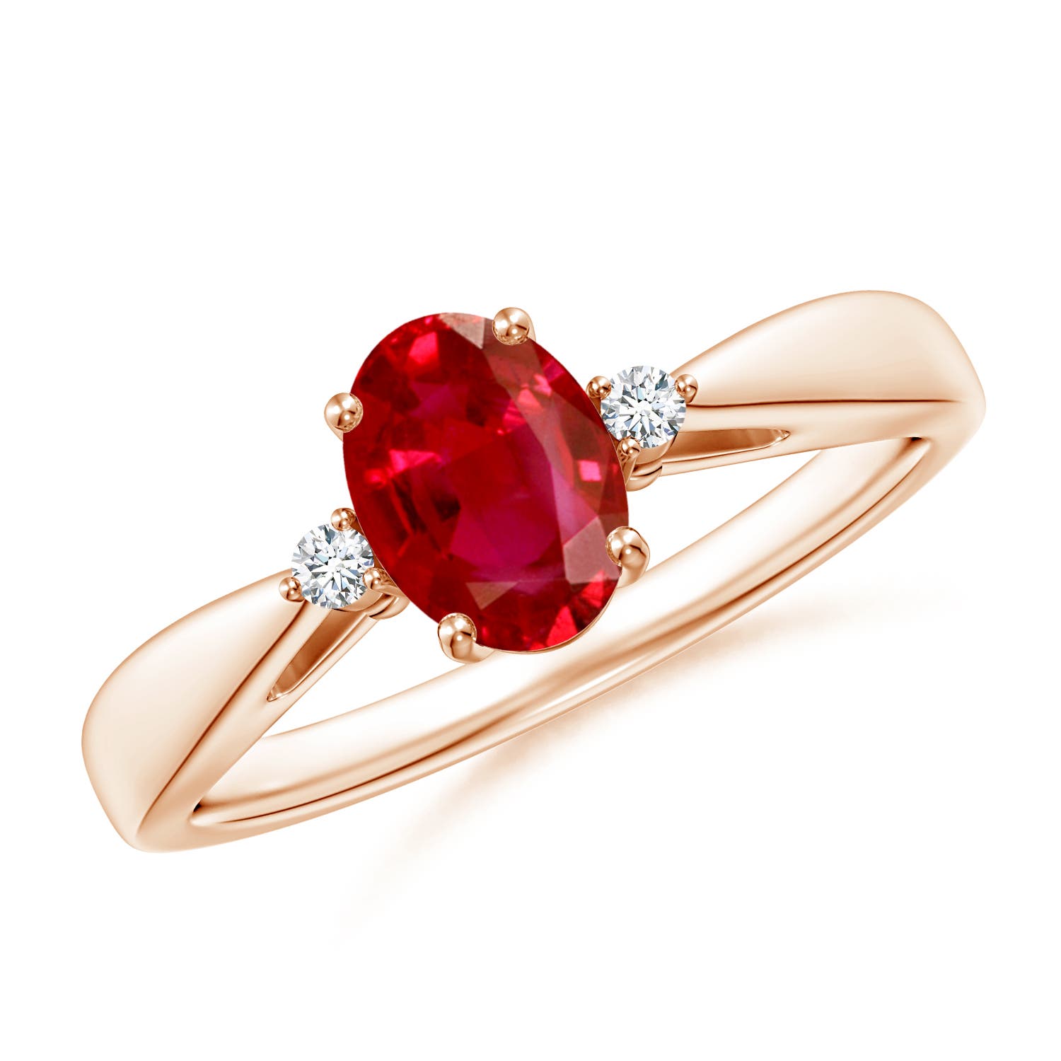 7x5mm AAA Tapered Shank Ruby Solitaire Ring with Diamond Accents in Rose Gold