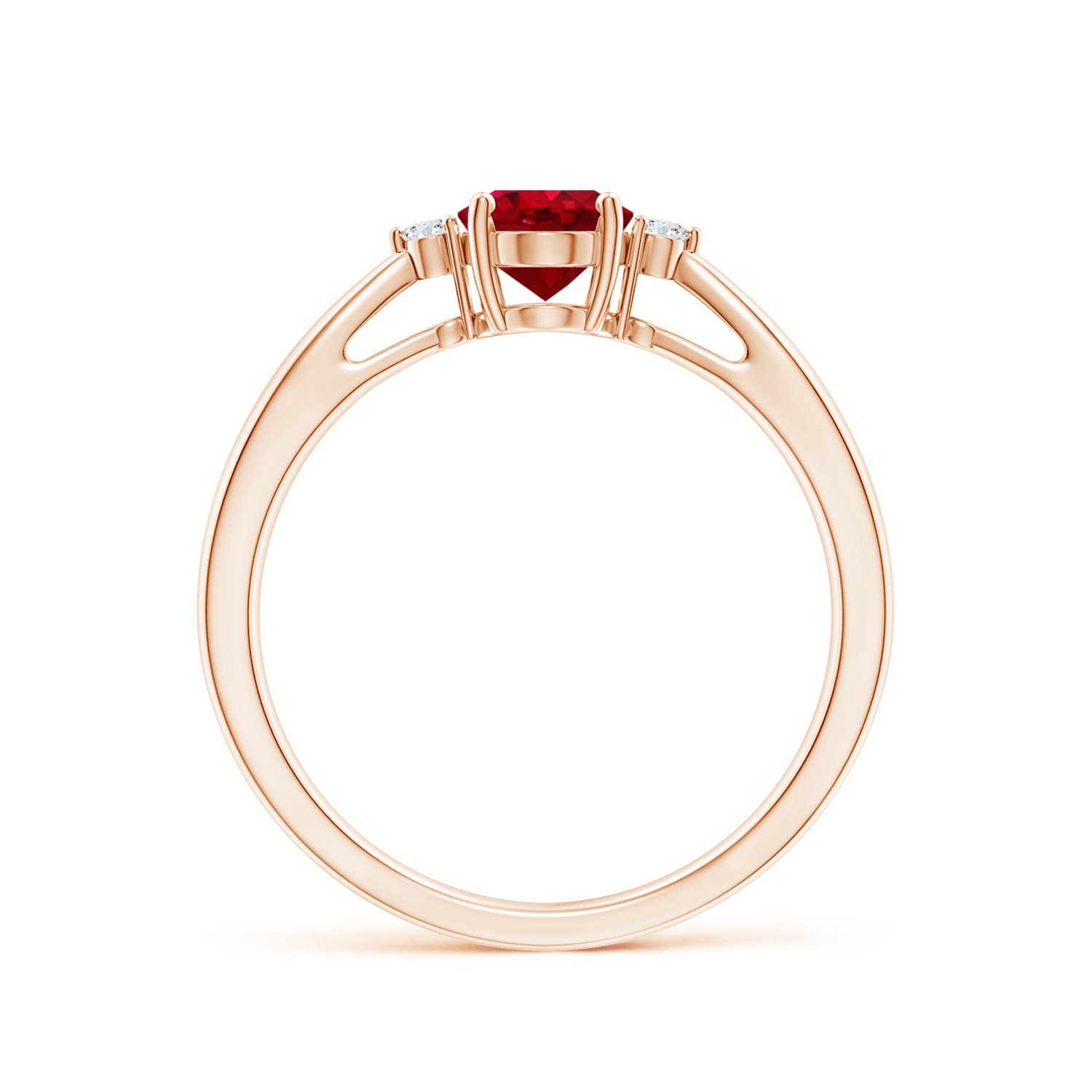7x5mm AAA Tapered Shank Ruby Solitaire Ring with Diamond Accents in Rose Gold