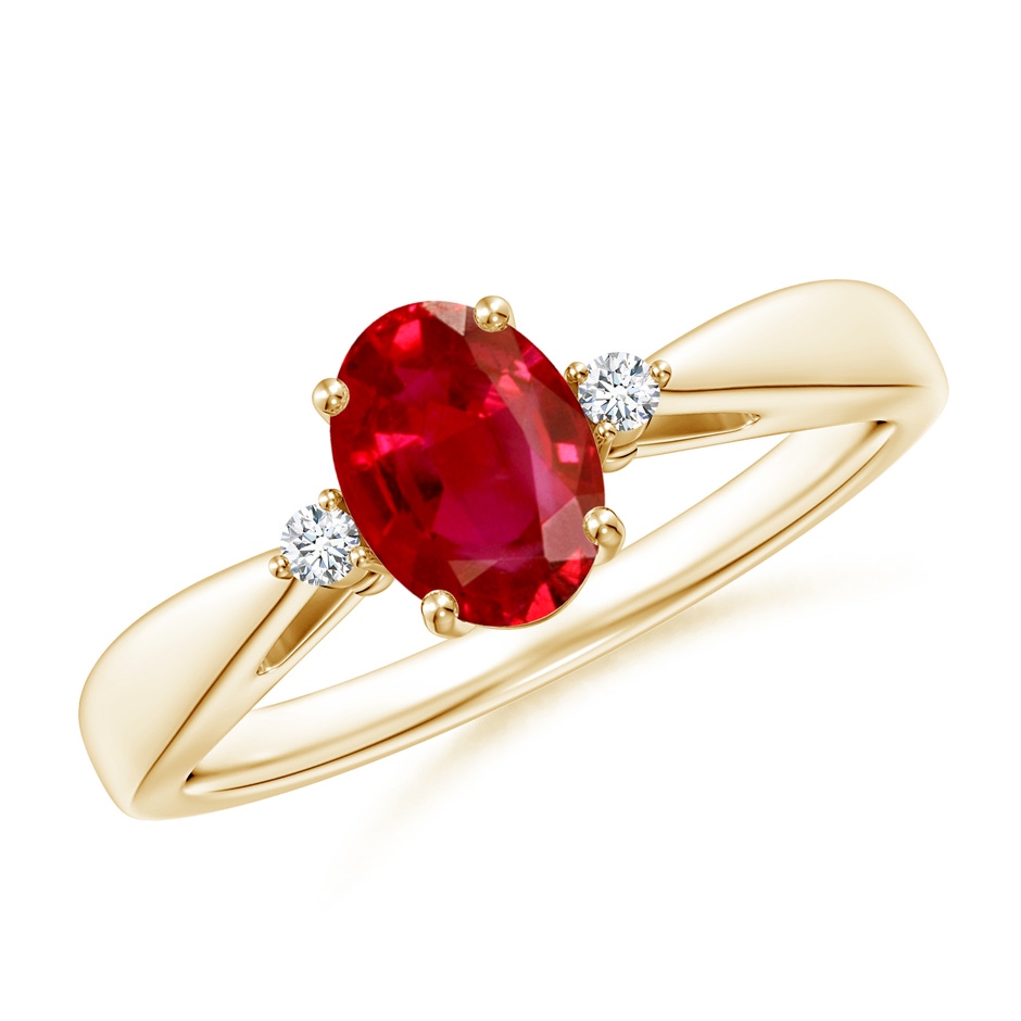 7x5mm AAA Tapered Shank Ruby Solitaire Ring with Diamond Accents in Yellow Gold 