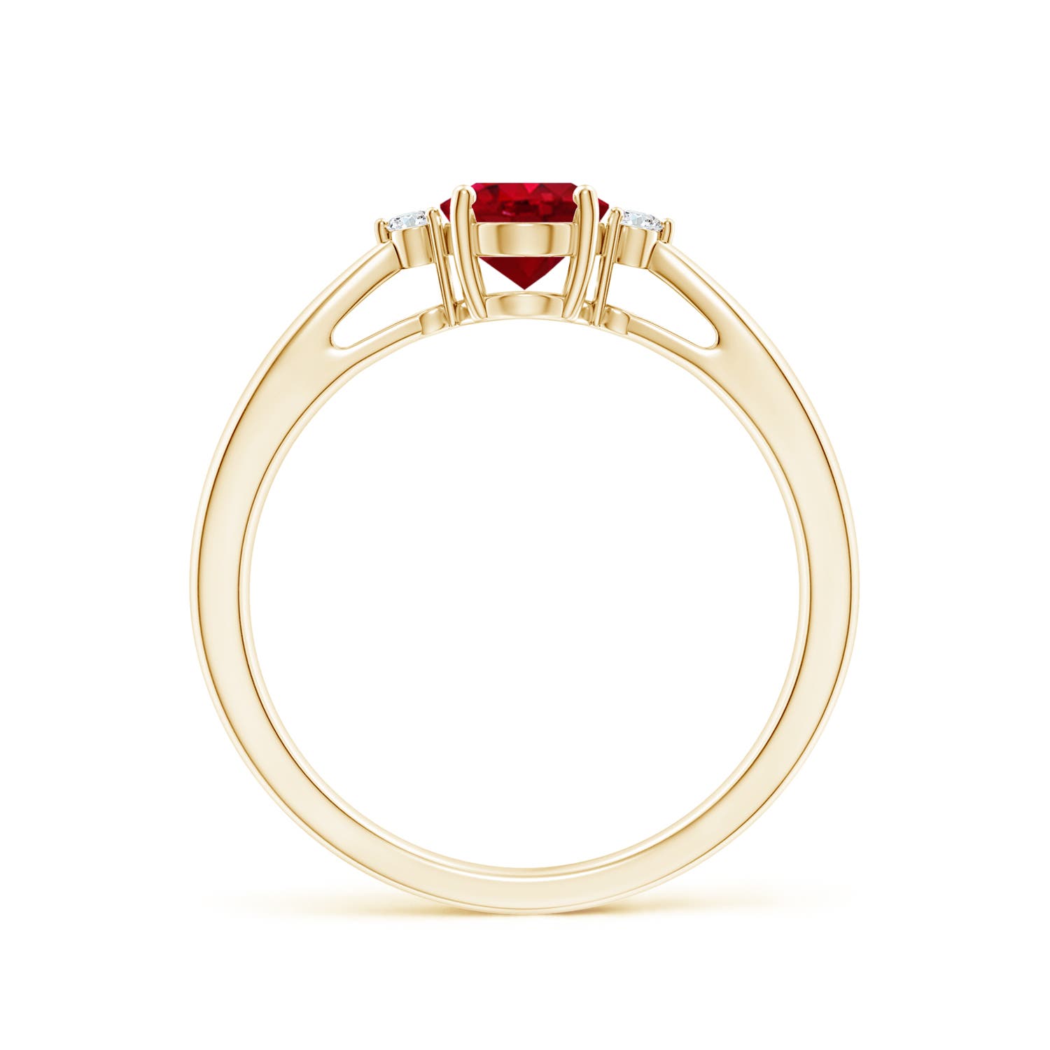 7x5mm AAA Tapered Shank Ruby Solitaire Ring with Diamond Accents in Yellow Gold