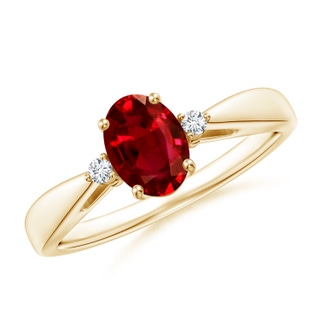 7x5mm AAAA Tapered Shank Ruby Solitaire Ring with Diamond Accents in Yellow Gold