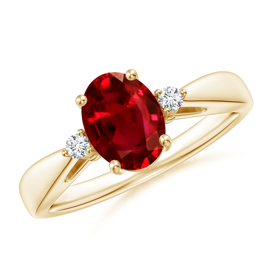 8x6mm AAAA Tapered Shank Ruby Solitaire Ring with Diamond Accents in Yellow Gold 