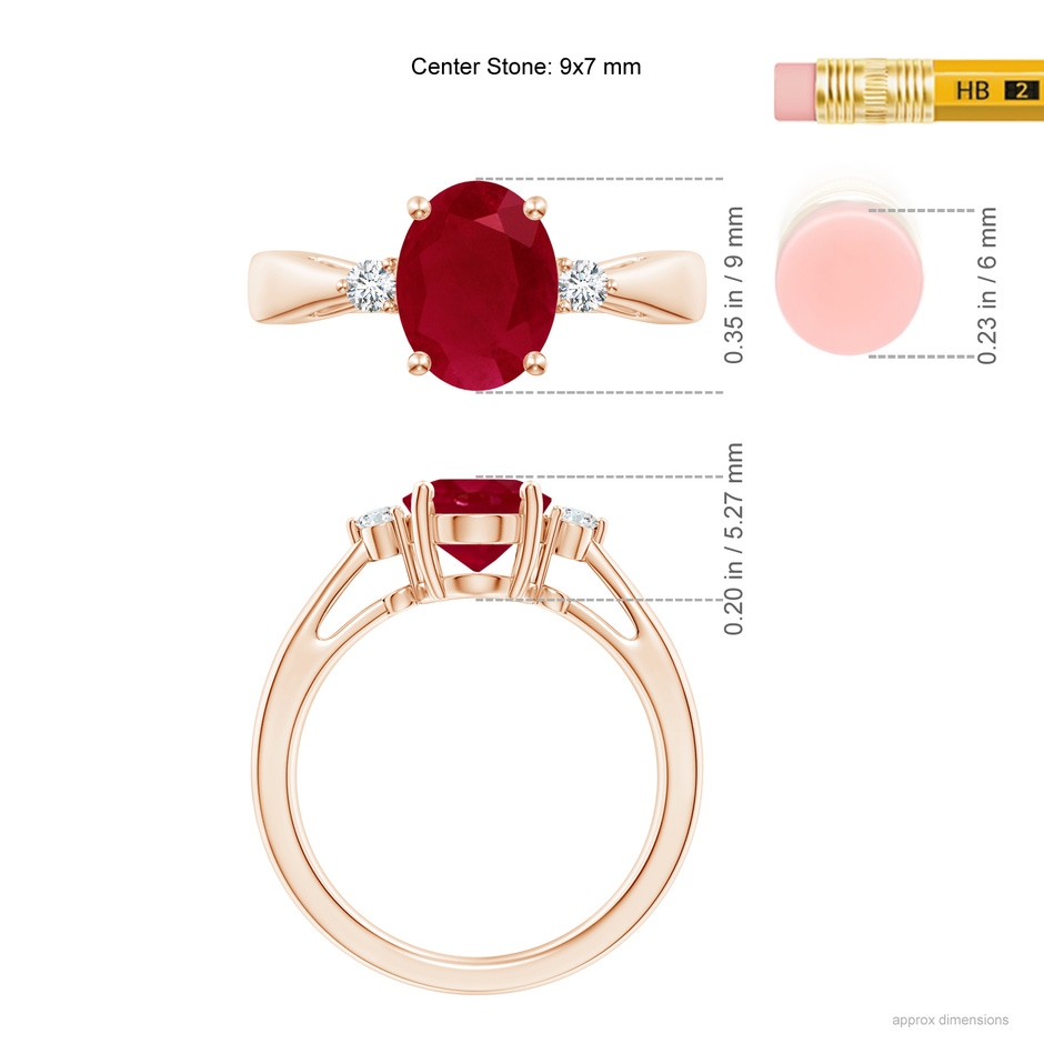9x7mm AA Tapered Shank Ruby Solitaire Ring with Diamond Accents in Rose Gold ruler