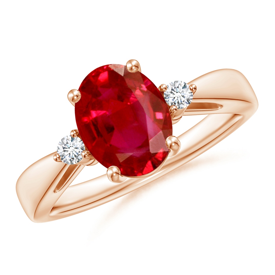 9x7mm AAA Tapered Shank Ruby Solitaire Ring with Diamond Accents in Rose Gold 