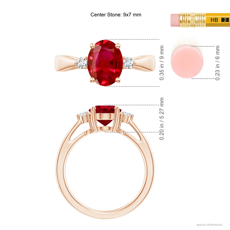9x7mm AAA Tapered Shank Ruby Solitaire Ring with Diamond Accents in Rose Gold ruler
