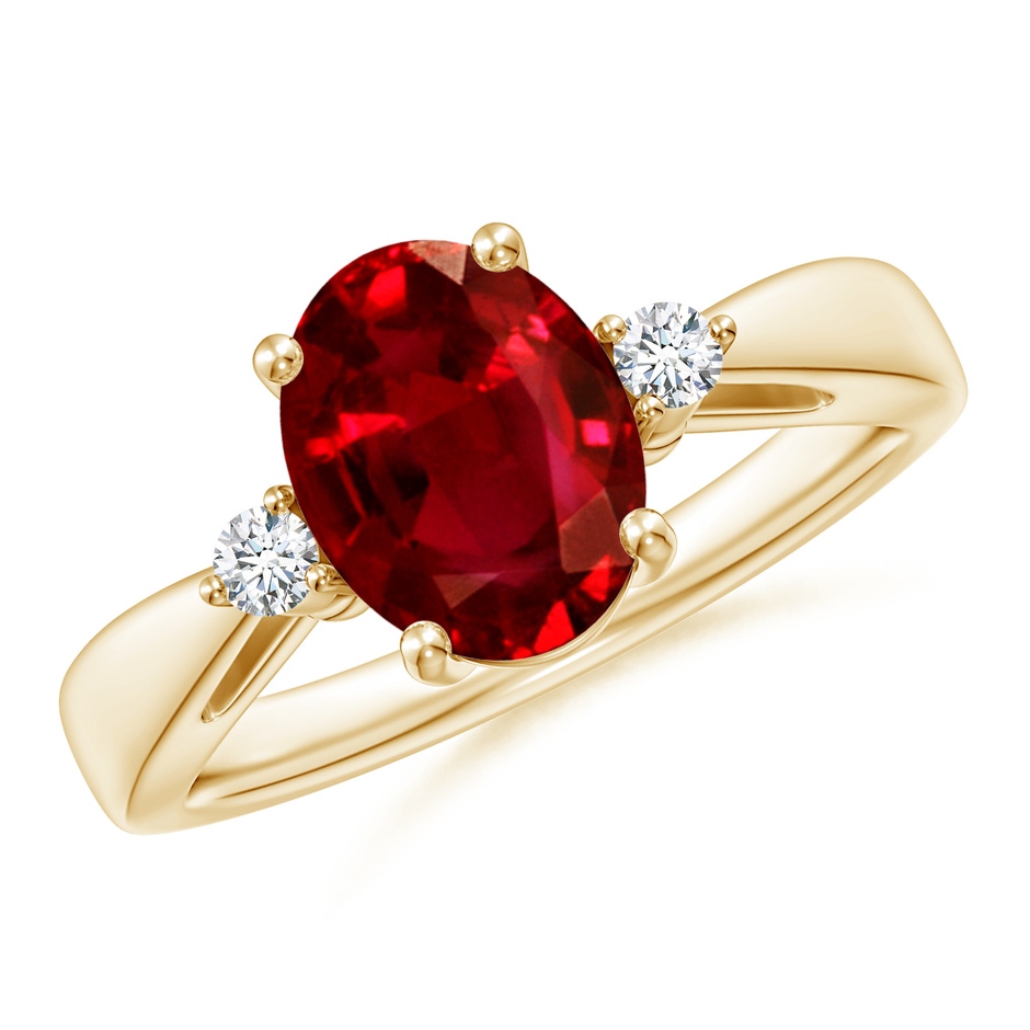 9x7mm AAAA Tapered Shank Ruby Solitaire Ring with Diamond Accents in 18K Yellow Gold 