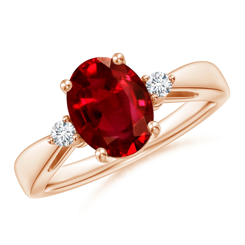 9x7mm AAAA Tapered Shank Ruby Solitaire Ring with Diamond Accents in Rose Gold 