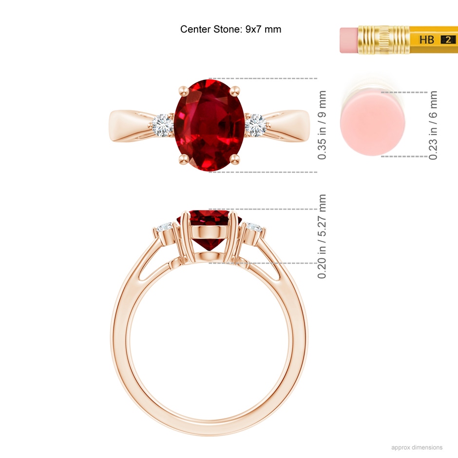9x7mm AAAA Tapered Shank Ruby Solitaire Ring with Diamond Accents in Rose Gold ruler