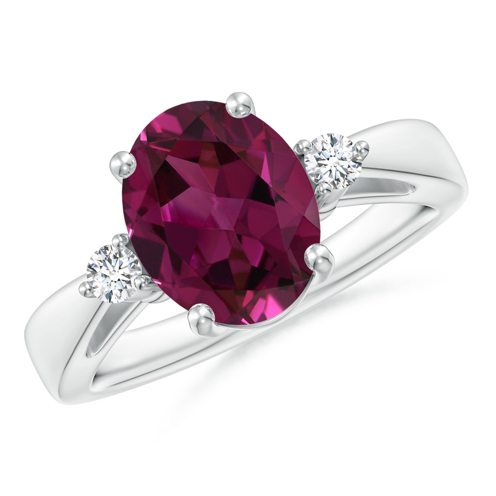 10x8mm AAAA Tapered Shank Rhodolite Solitaire Ring with Diamond Accents in P950 Platinum