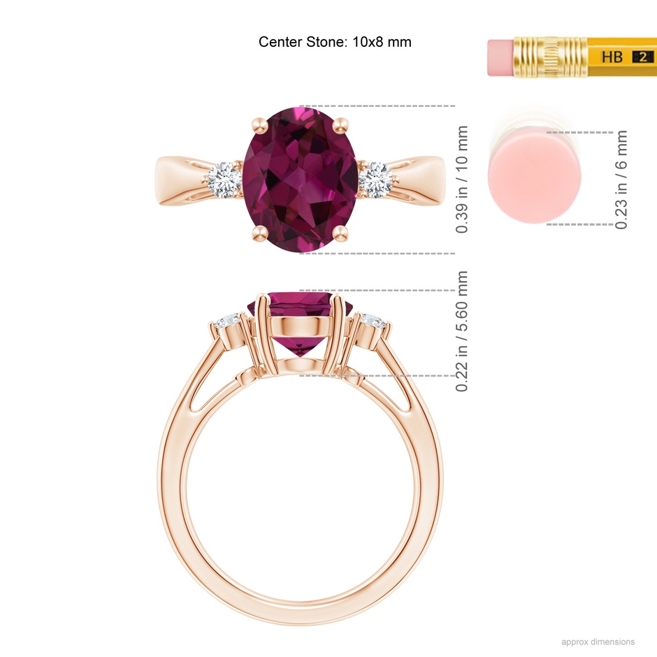 10x8mm AAAA Tapered Shank Rhodolite Solitaire Ring with Diamond Accents in Rose Gold ruler