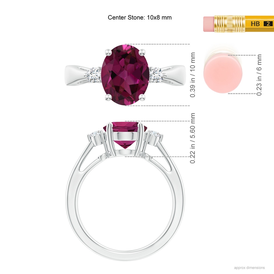 10x8mm AAAA Tapered Shank Rhodolite Solitaire Ring with Diamond Accents in White Gold ruler