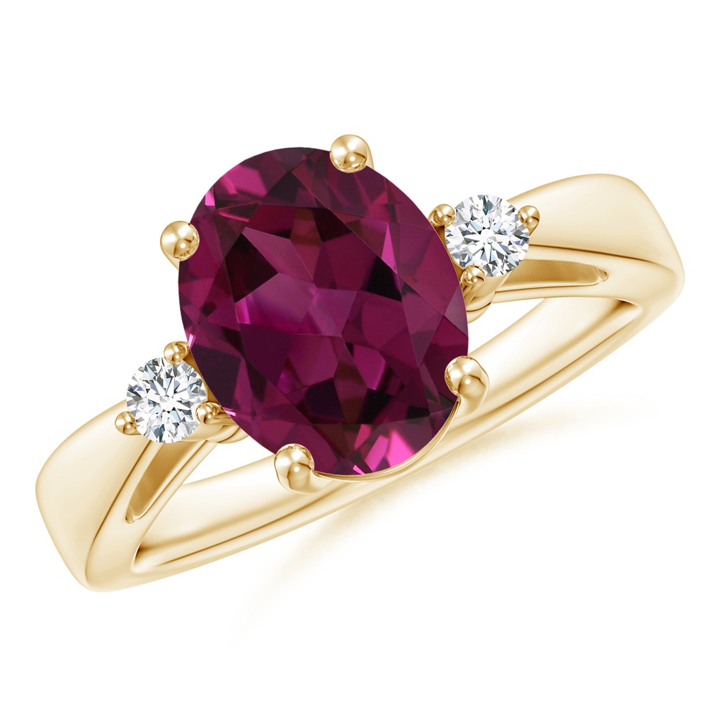 10x8mm AAAA Tapered Shank Rhodolite Solitaire Ring with Diamond Accents in Yellow Gold