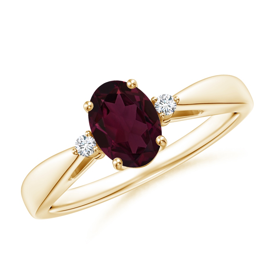 7x5mm A Tapered Shank Rhodolite Solitaire Ring with Diamond Accents in 18K Yellow Gold 