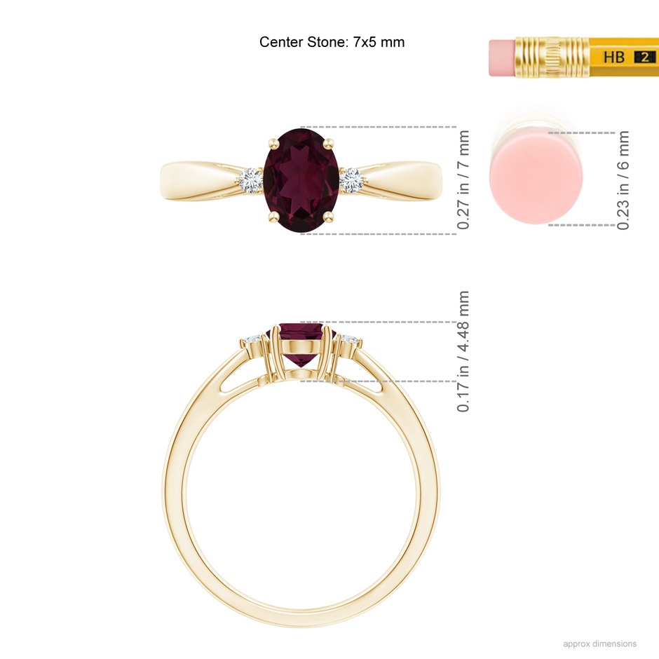 7x5mm A Tapered Shank Rhodolite Solitaire Ring with Diamond Accents in 18K Yellow Gold ruler