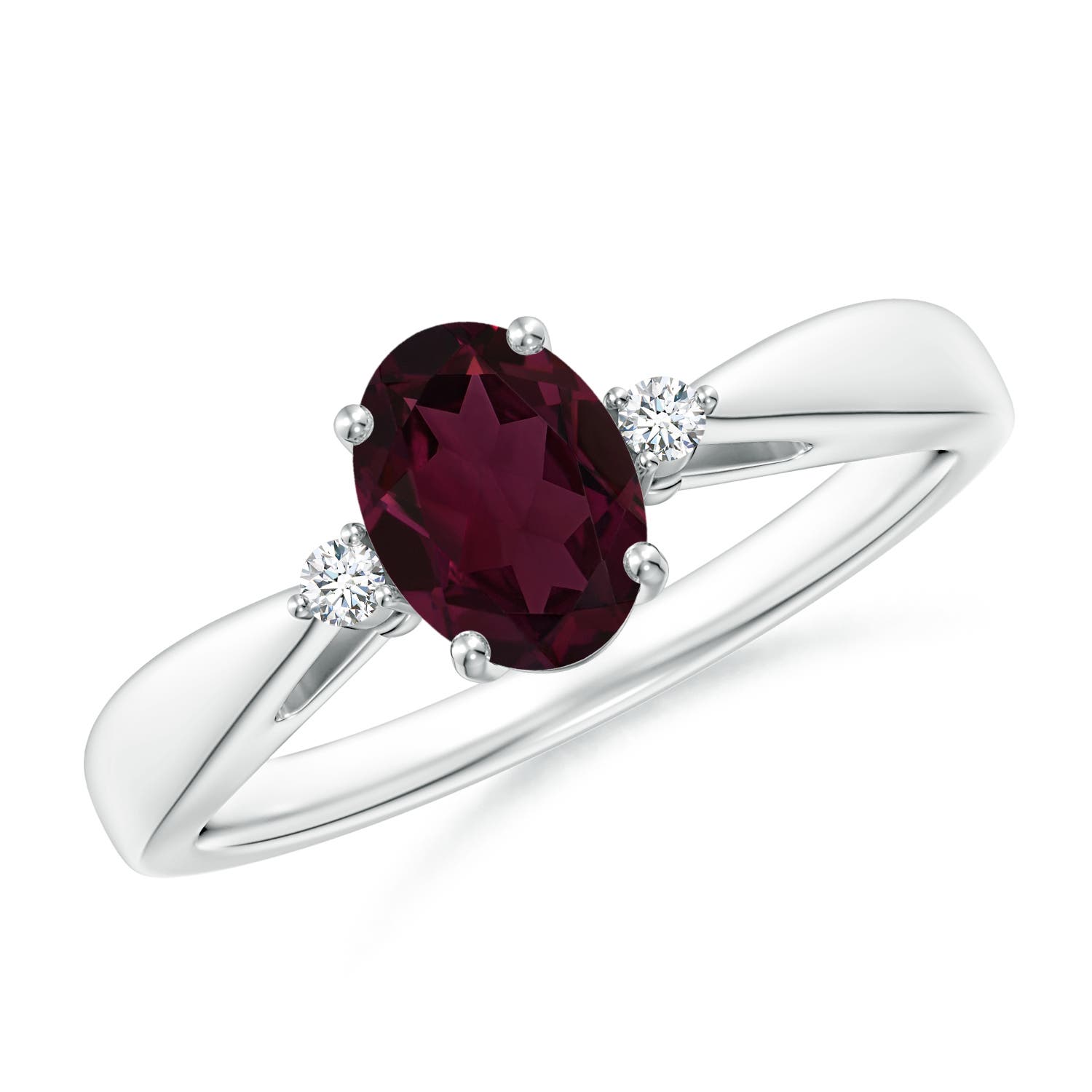 7x5mm A Tapered Shank Rhodolite Solitaire Ring with Diamond Accents in P950 Platinum