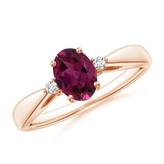 7x5mm AAAA Tapered Shank Rhodolite Solitaire Ring with Diamond Accents in Rose Gold