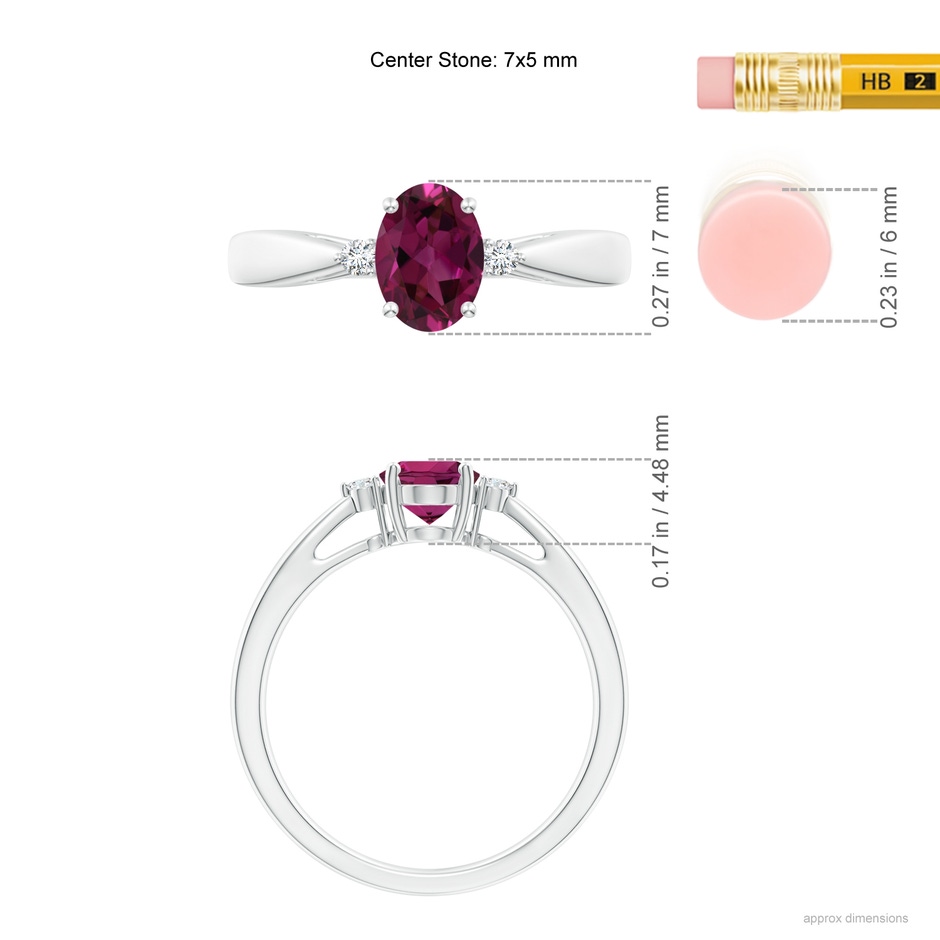 7x5mm AAAA Tapered Shank Rhodolite Solitaire Ring with Diamond Accents in White Gold ruler