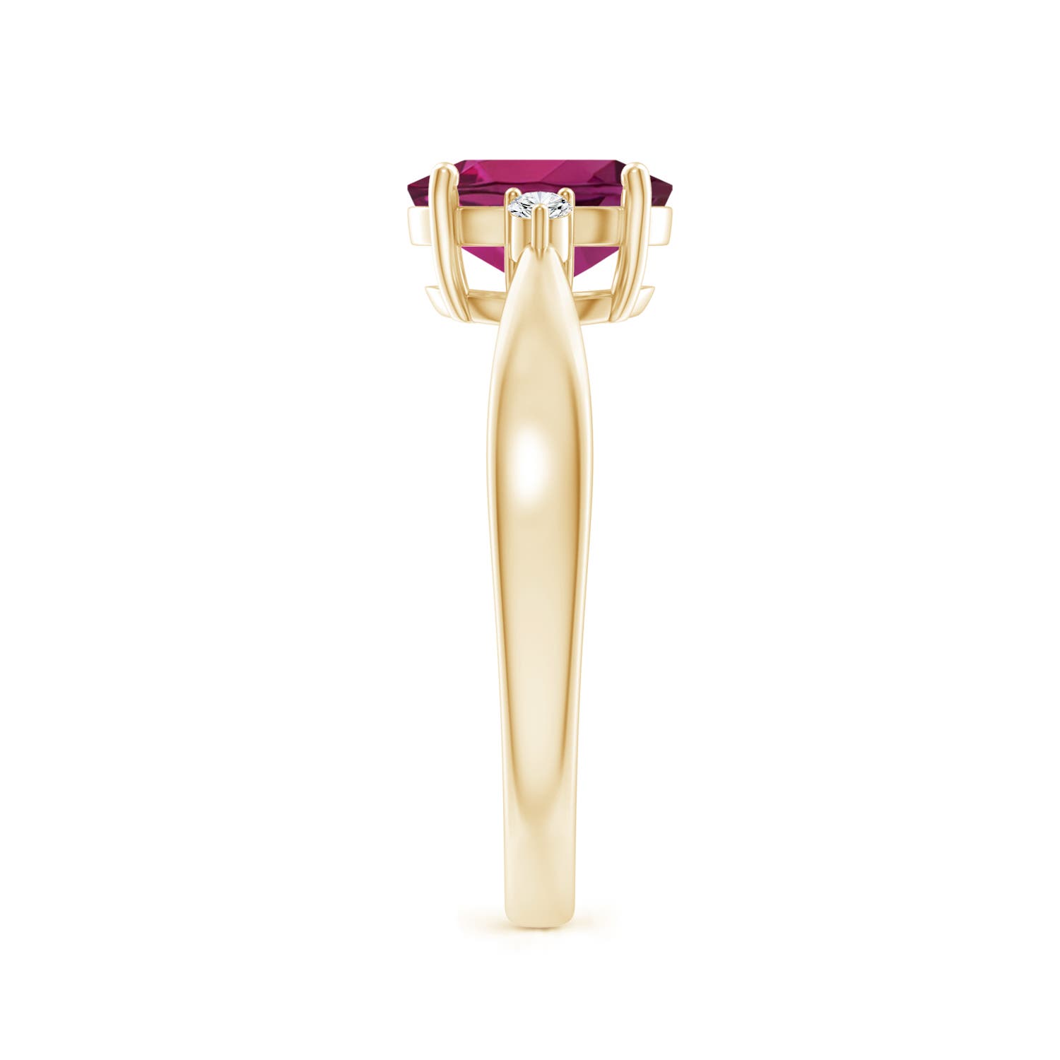 8x6mm AAAA Tapered Shank Rhodolite Solitaire Ring with Diamond Accents in 18K Yellow Gold - side 3