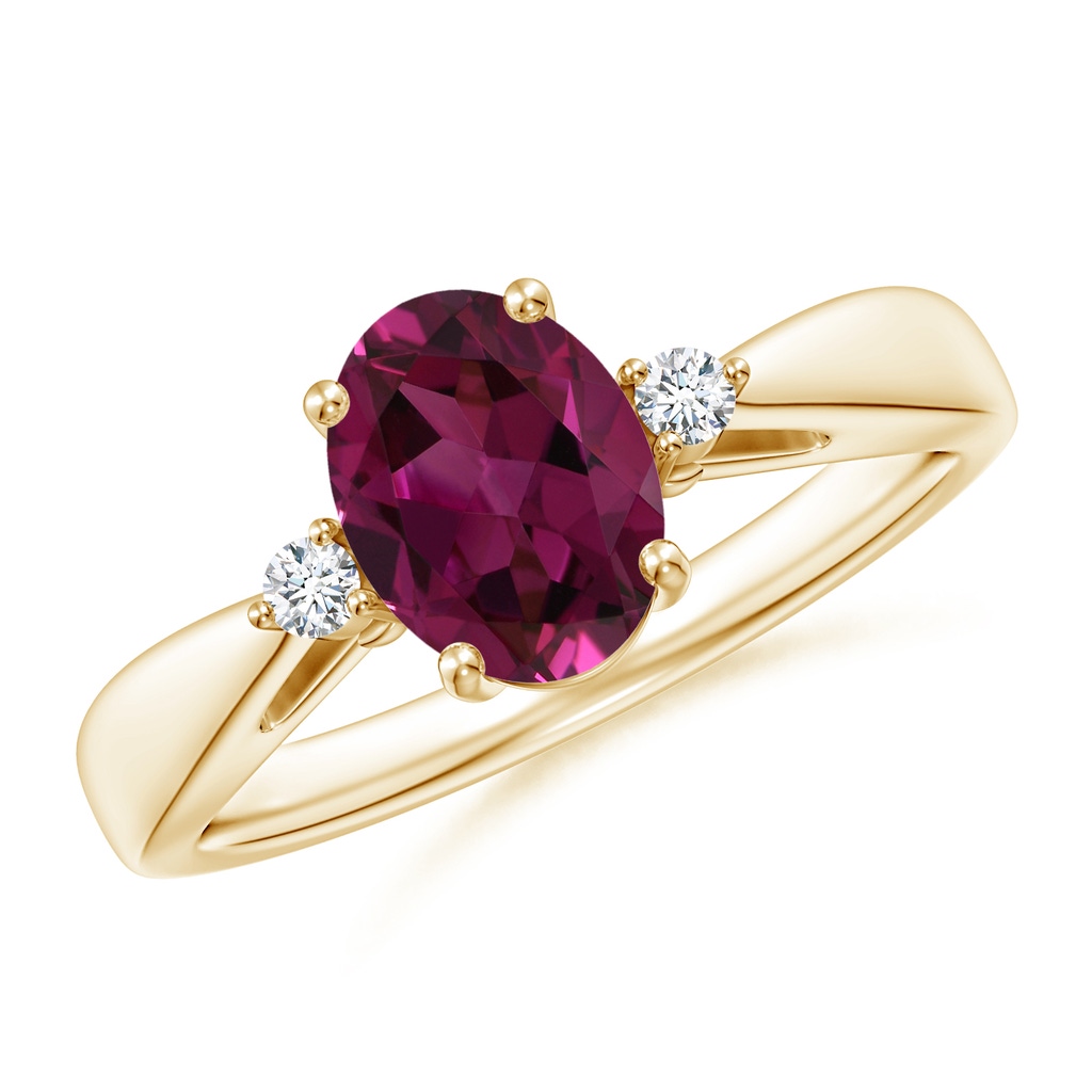 8x6mm AAAA Tapered Shank Rhodolite Solitaire Ring with Diamond Accents in Yellow Gold