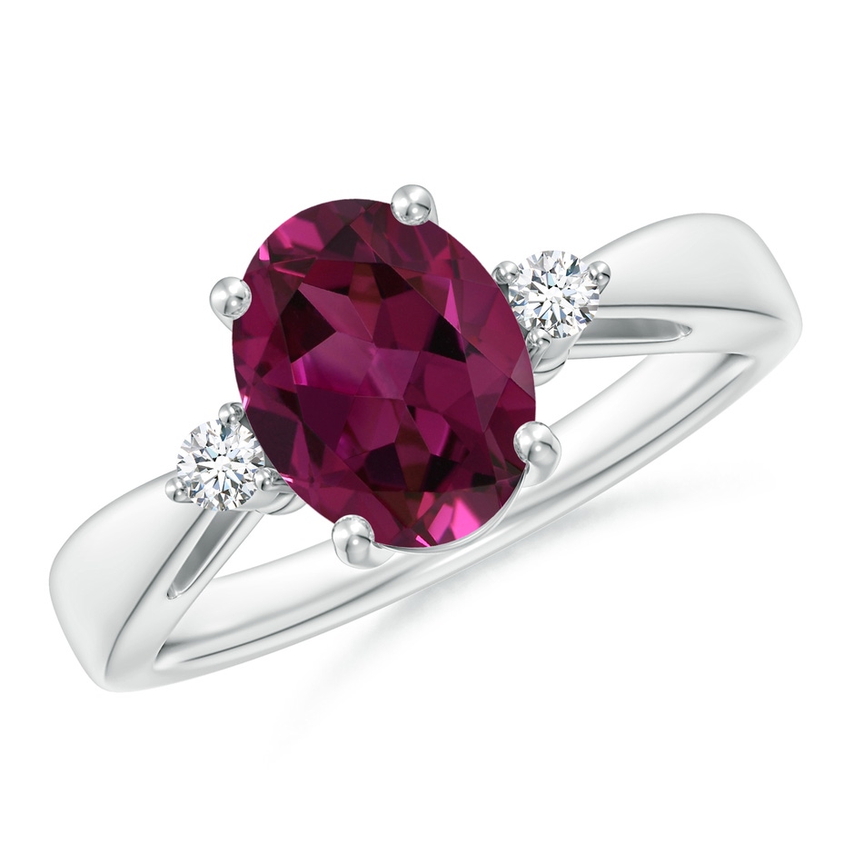 9x7mm AAAA Tapered Shank Rhodolite Solitaire Ring with Diamond Accents in P950 Platinum 