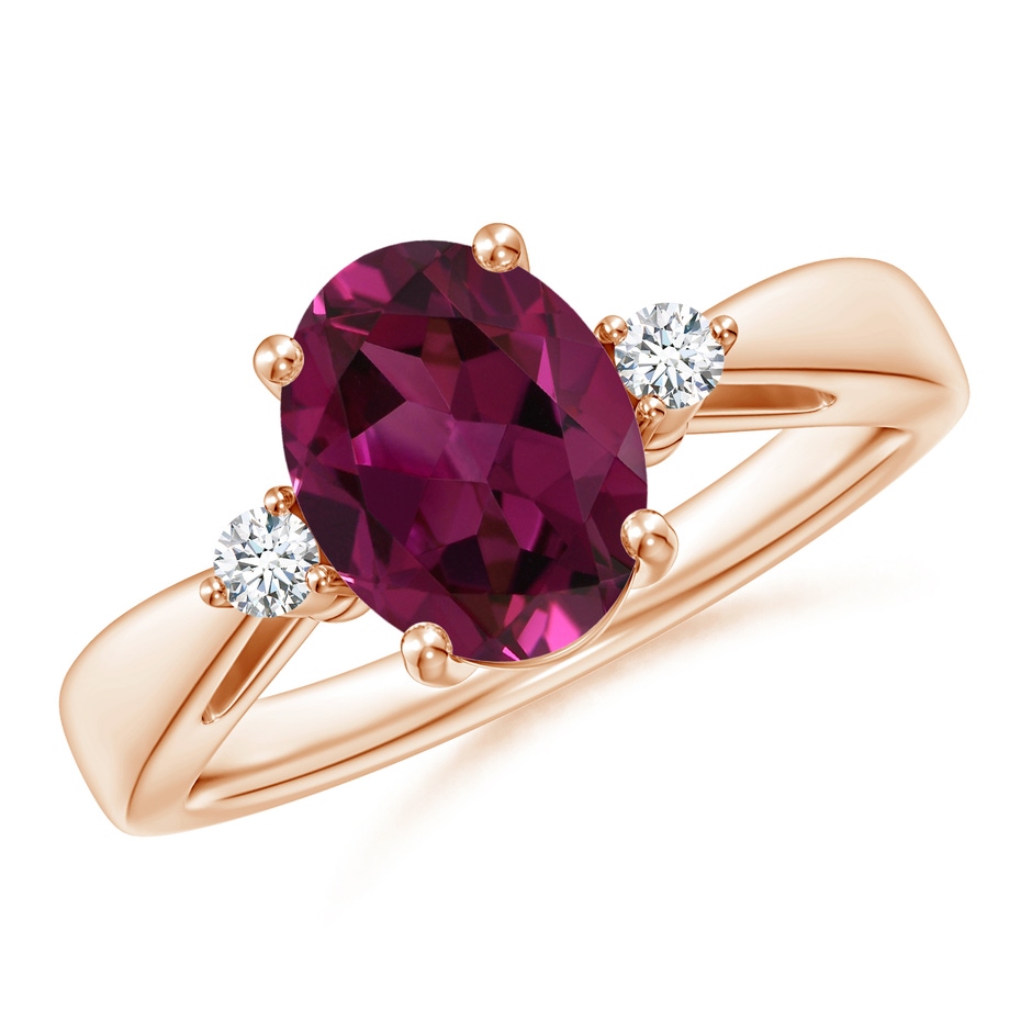 9x7mm AAAA Tapered Shank Rhodolite Solitaire Ring with Diamond Accents in Rose Gold 