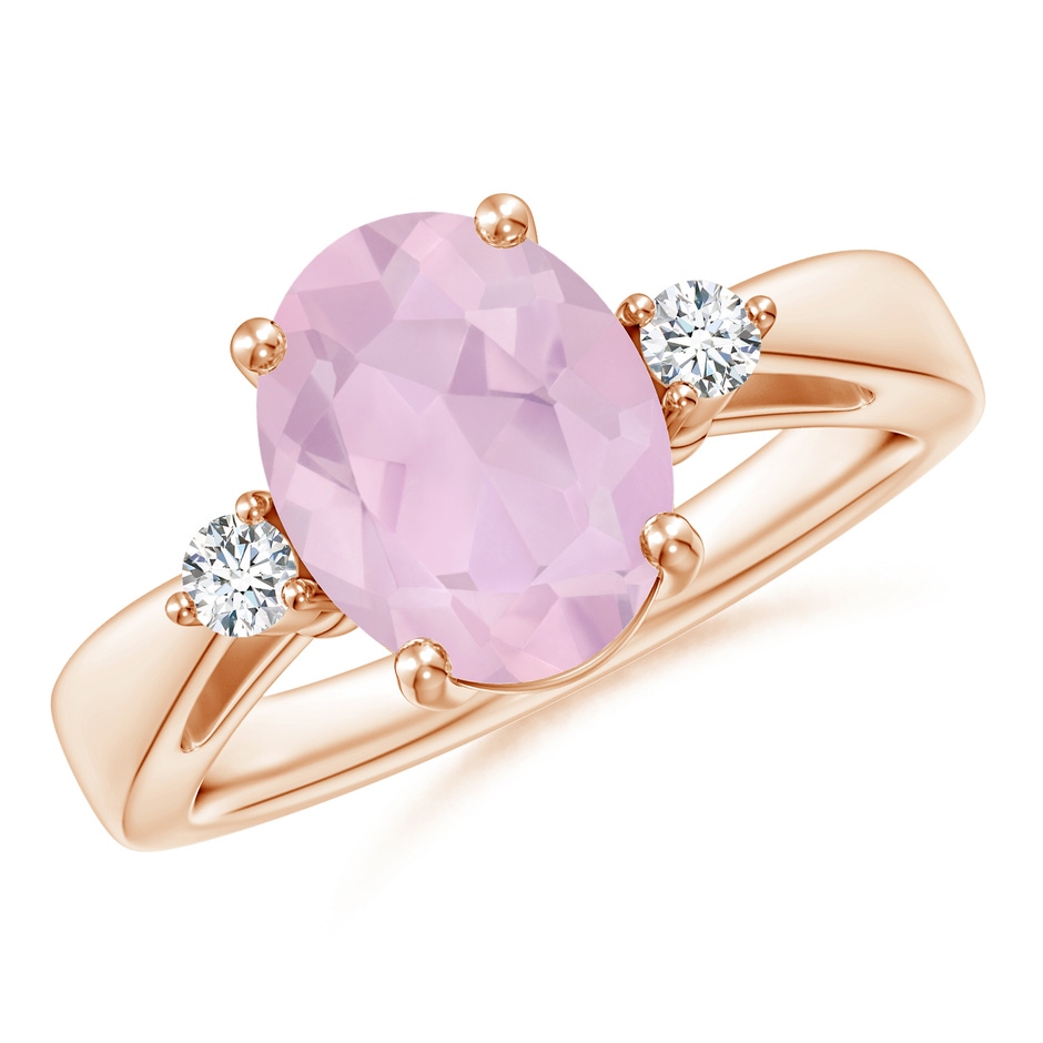 10x8mm AAA Tapered Shank Rose Quartz Solitaire Ring with Diamond Accents in Rose Gold 