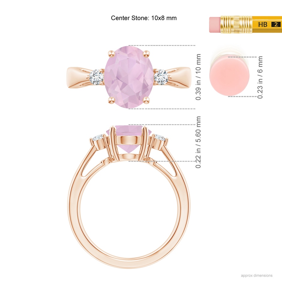 10x8mm AAA Tapered Shank Rose Quartz Solitaire Ring with Diamond Accents in Rose Gold ruler