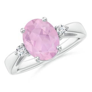 10x8mm AAAA Tapered Shank Rose Quartz Solitaire Ring with Diamond Accents in P950 Platinum
