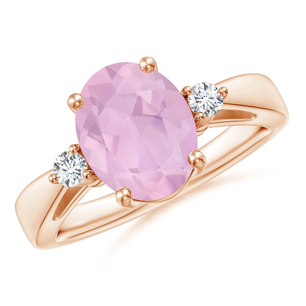 10x8mm AAAA Tapered Shank Rose Quartz Solitaire Ring with Diamond Accents in Rose Gold