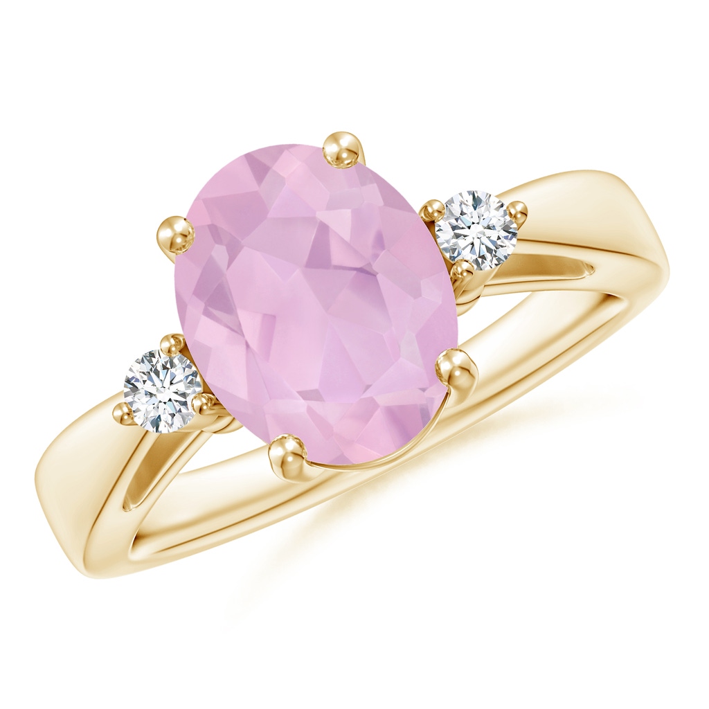10x8mm AAAA Tapered Shank Rose Quartz Solitaire Ring with Diamond Accents in Yellow Gold