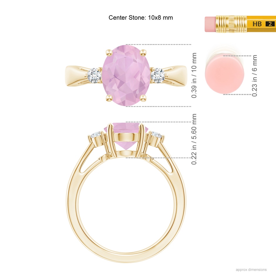 10x8mm AAAA Tapered Shank Rose Quartz Solitaire Ring with Diamond Accents in Yellow Gold Ruler