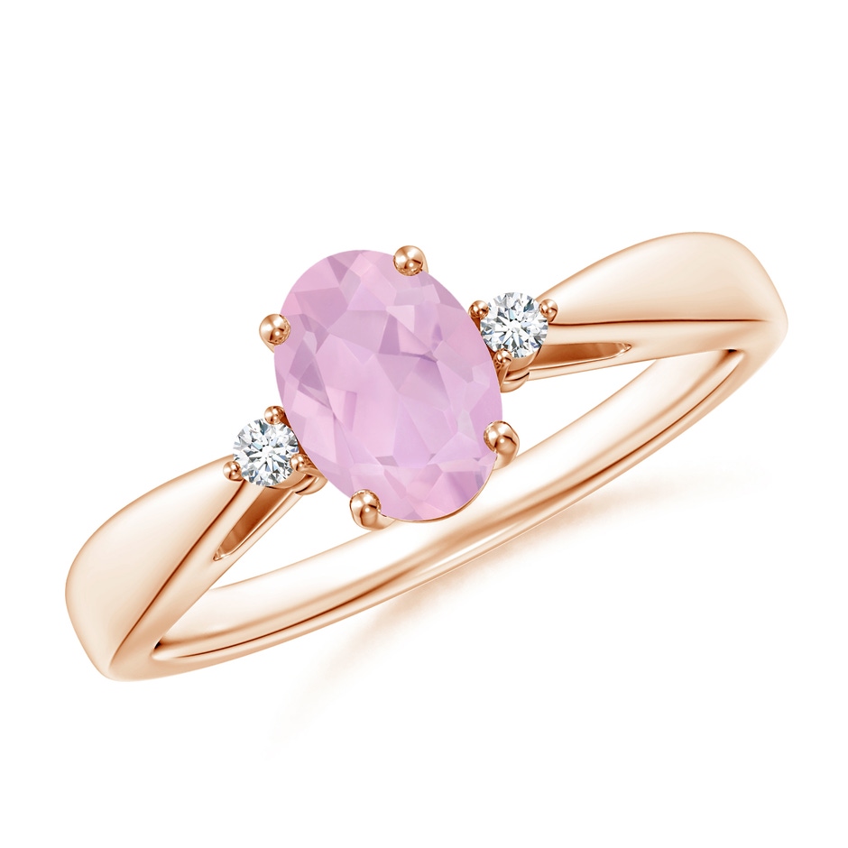 7x5mm AAAA Tapered Shank Rose Quartz Solitaire Ring with Diamond Accents in Rose Gold 