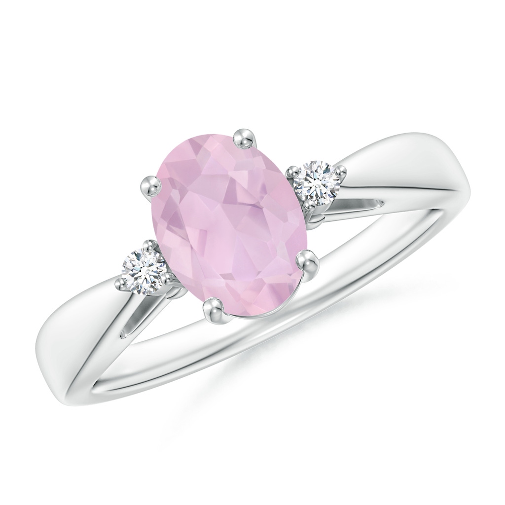 8x6mm AAA Tapered Shank Rose Quartz Solitaire Ring with Diamond Accents in White Gold