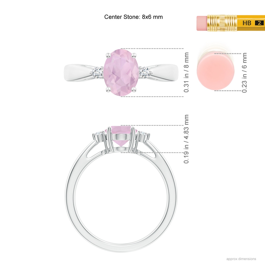 8x6mm AAA Tapered Shank Rose Quartz Solitaire Ring with Diamond Accents in White Gold Ruler