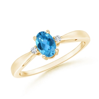 6x4mm AAA Swiss Blue Topaz Reverse Tapered Shank Ring with Diamonds in 9K Yellow Gold