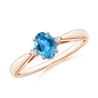 6x4mm AAA Swiss Blue Topaz Reverse Tapered Shank Ring with Diamonds in Rose Gold