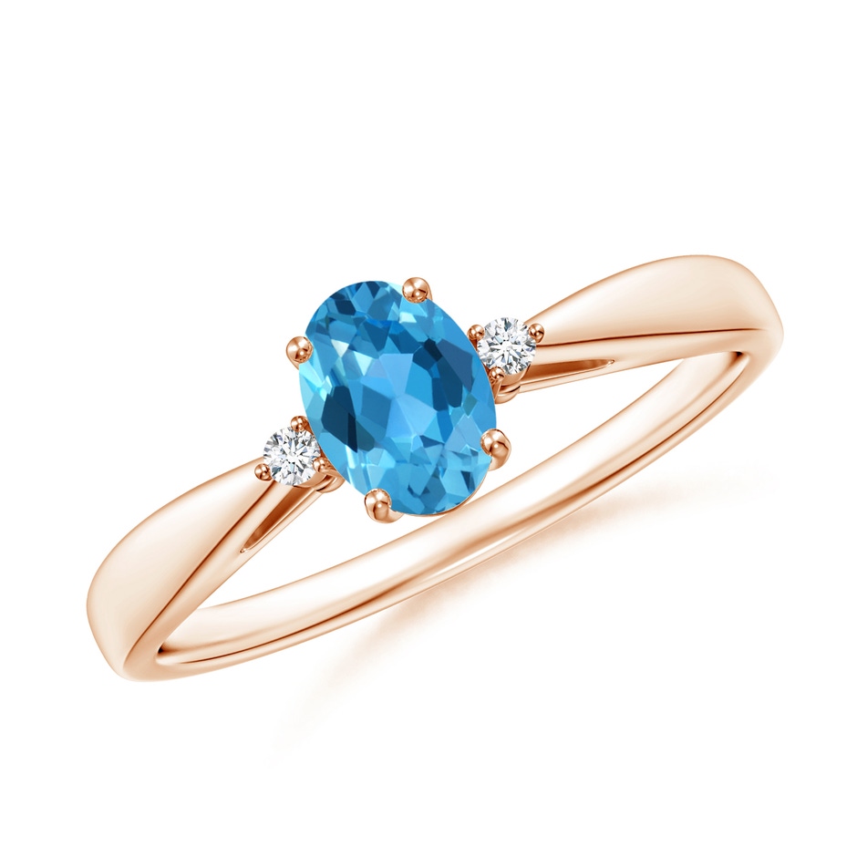 6x4mm AAA Swiss Blue Topaz Reverse Tapered Shank Ring with Diamonds in Rose Gold 