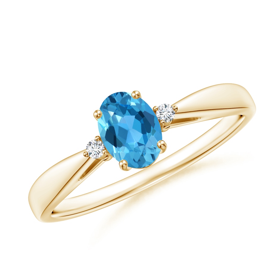 6x4mm AAA Swiss Blue Topaz Reverse Tapered Shank Ring with Diamonds in Yellow Gold 